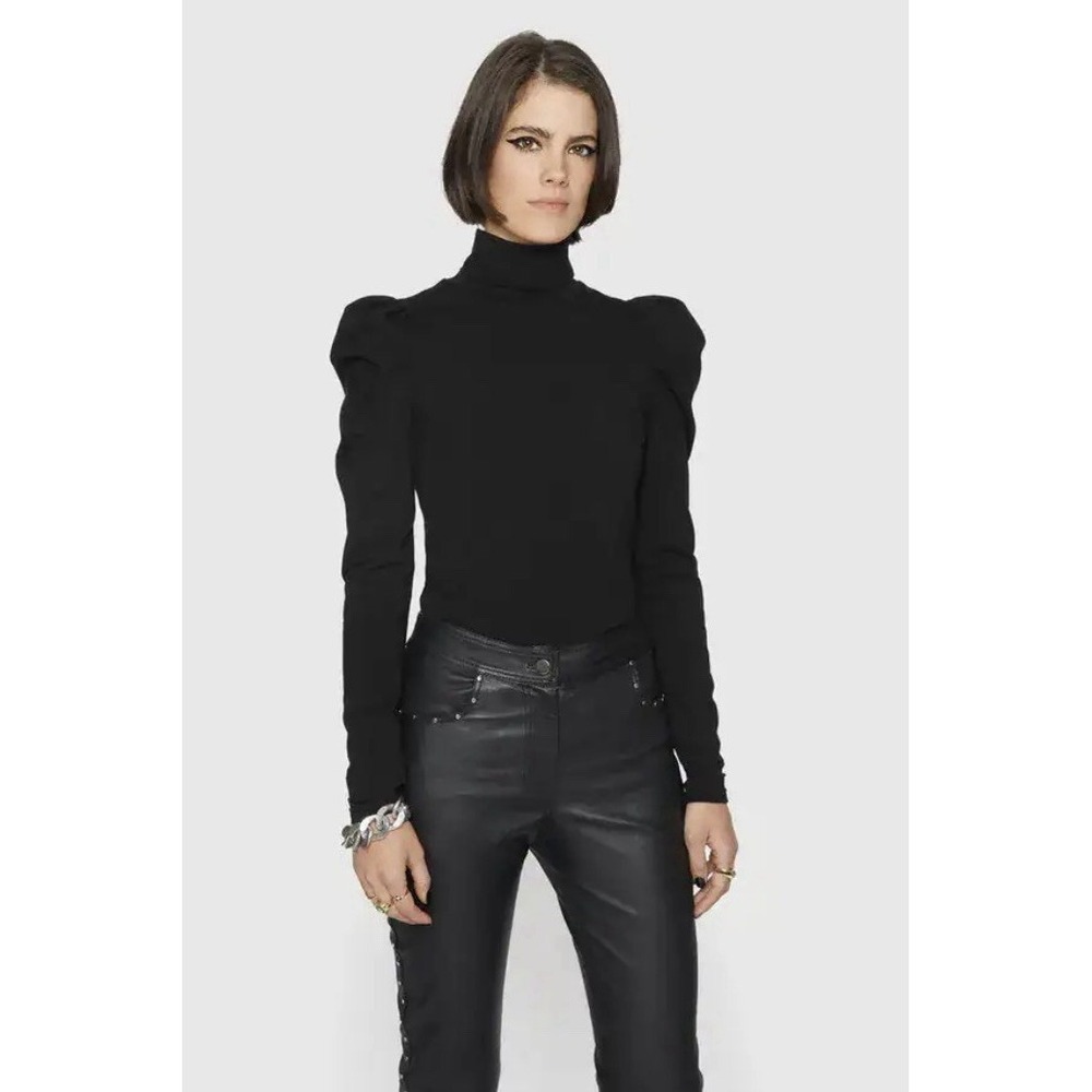 Rebecca Minkoff Darcy Black Ribbed Knit Puff Shoulder Turtleneck Sweater XL